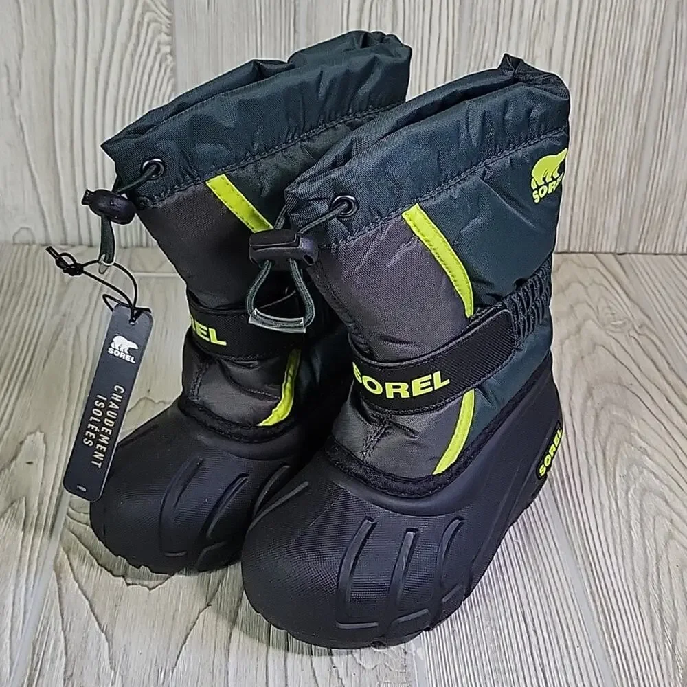 Sorel Flurry Toddler Size 9 Black & Green Waterproof Winter Snow Boots NEW